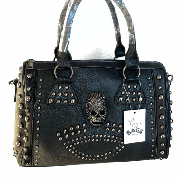 ☠️ Skull Studded Punk Moto Black Tote Crossbody Bag - Picture 9 of 16